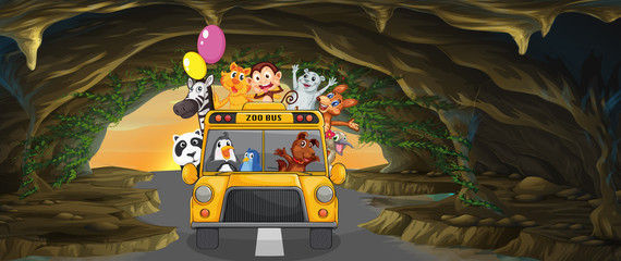 A bus full of animals inside the cave