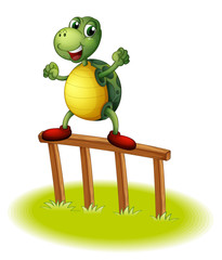 A turtle above a wooden post
