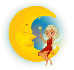 Une fée avec une robe rouge à côté de la lune endormie