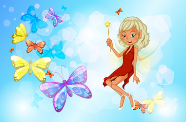 Obraz na płótnie Canvas A fairy with a red dress beside the group of butterflies