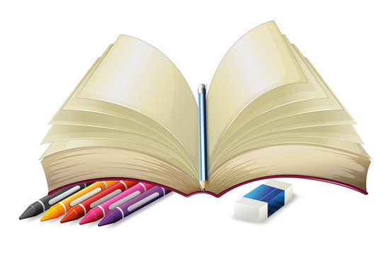 A book with a pencil, an eraser and crayons