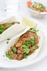 chili con carne in wheat tortillas on a plate and salsa vertical