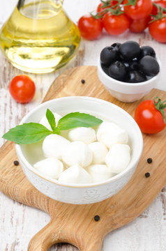 fresh mozzarella in a bowl, olives and cherry tomatoes