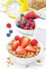 Granola with fresh berries and milk for breakfast