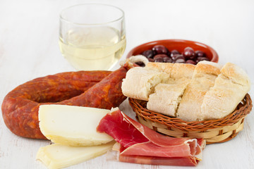 cheese with bread, chorizo, olives and wine