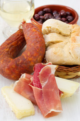 cheese with bread, chorizo and white wine