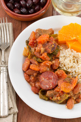 sausages with meat, beans and boiled rice