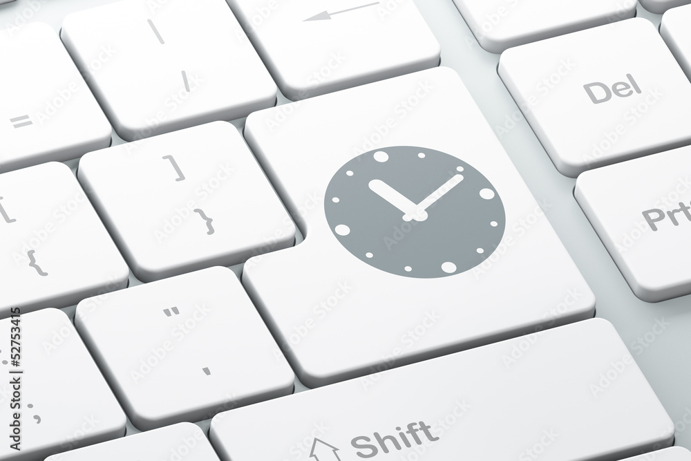 Poster timeline concept: clock on computer keyboard background