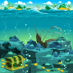 Tuinposter Seascape with treasure and galleon. © ddraw