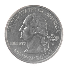 American one quarter dollar coin isolated on a white background