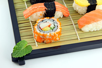 Sushi made ​​from Crab Meat on a bamboo dish.
