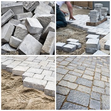 Chantier de pose de pav&eacute;s