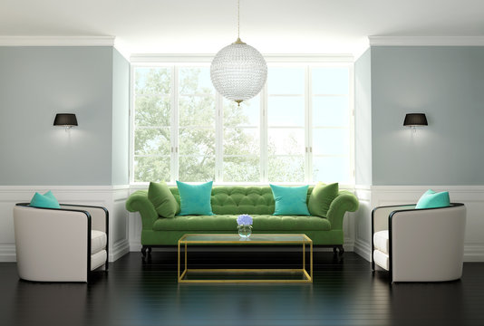 Elegant Luxury Classic  Living Room With Green Tufted Sofa