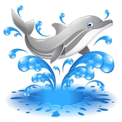 Zelfklevend Fotobehang Happy Jumping Dolphin Cartoon-Dolphin springt in het water © BluedarkArt