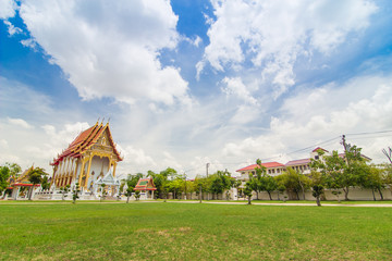 Thai temple with bluesky and green grass, temple in Nontaburi