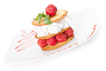 Sesame pastry with whipped cream and strawberries