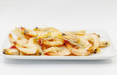 Boiled shrimp on white background.