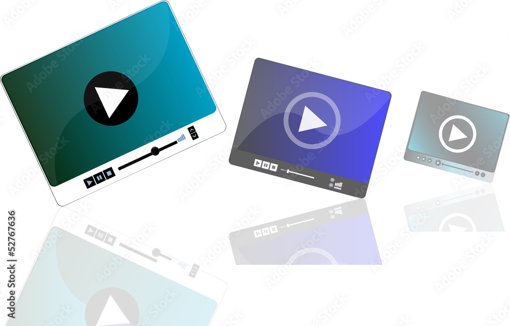 Poster media player set with play button on white background