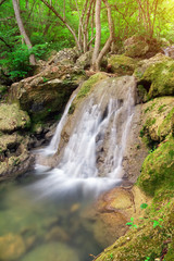 Waterfall. A stream of water in forest and mountain terrain.