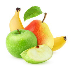 Isolated fruits. Green apple, pear and banana (baby food ingredients) isolated on white background