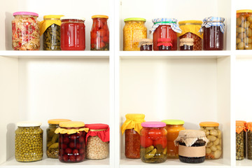 Different conservations on white shelves