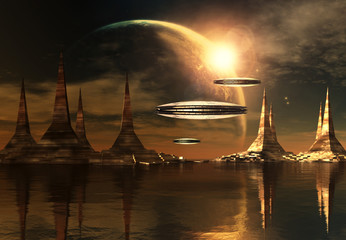 Alien Planet with Towers and Spaceships - Computer Artwork © diversepixel