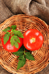 Fresh tomatoes on wicker mat on sackcloth background