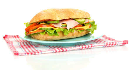 Fresh and tasty sandwich with ham and vegetables isolated