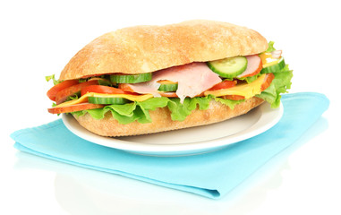 Fresh and tasty sandwich with ham and vegetables isolated