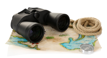 Black modern binoculars with map of adventure isolated on white