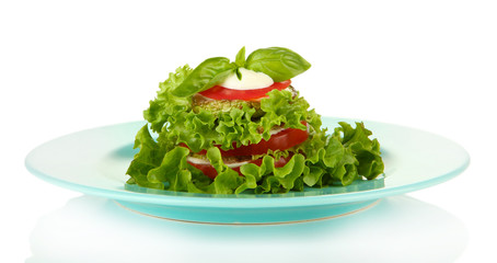 Tasty roasted marrow and tomato slices with salad leaves,