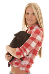 woman red plaid pig smile