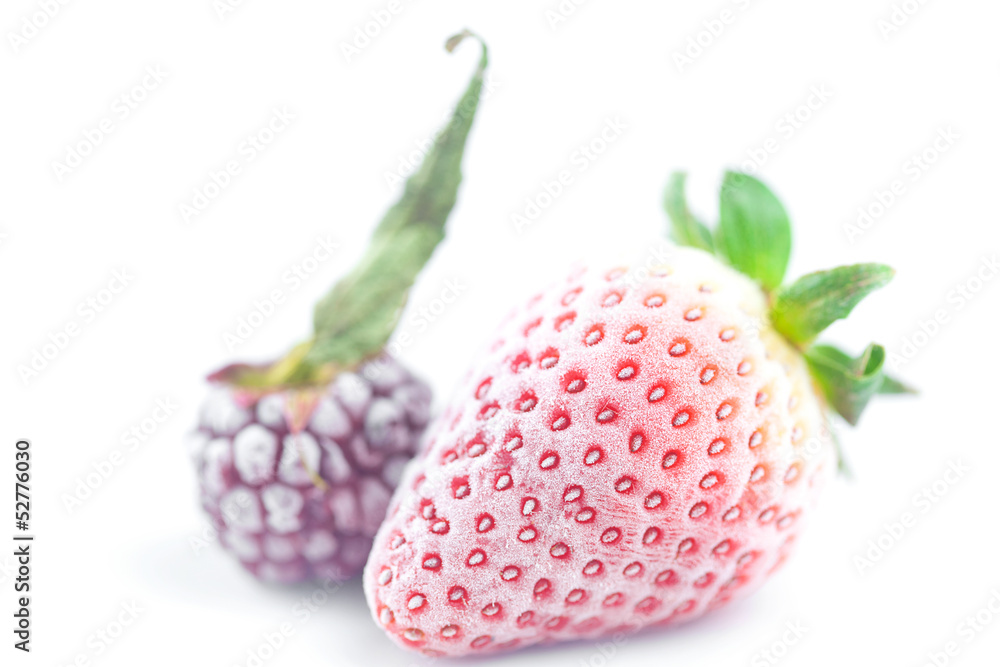 Sticker big red strawberry and blackberry in frost  isolated on white