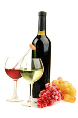 Bottle and glasses of wine with thermometer, isolated on white