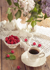 Obraz na płótnie Canvas Summer beakfast. Coffee and berries. Selective focus