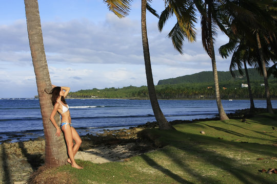 Young woman in bikini standing by palm tree, Las Galeras beach