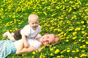 Fototapeta premium Mother and Baby in Dandelions