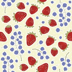 Obraz premium porzeczki truskawki owocowy deseń na retro tle w kropki