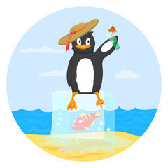 Happy penguin holding a drink and sitting on block of ice