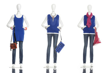 Obraz premium female clothing in jeans with bag on three mannequin