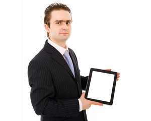 Happy business man showing a tablet pc, isolated on white backgr