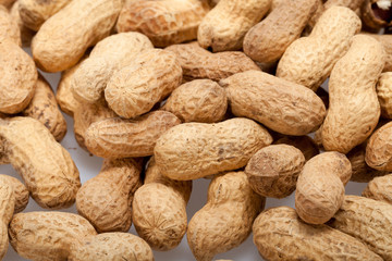 .Dried peanuts in closeup on the white background