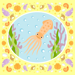 Sea background card with squid