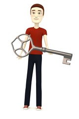 3d render of cartoon character with big key