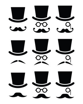 Mustache Or Moustache With Hat And Glasses Icons Set