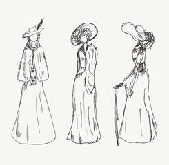 Set with sketches of women in retro clothes