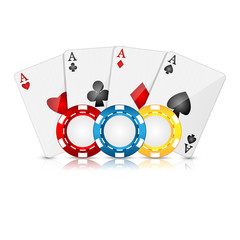 playing cards and poker chips on a white background