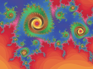 Blue - green patterned fractal on a red background