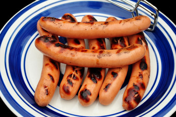 Whole Grilled Hotdogs on a White and Blue Plate