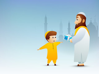 Muslim young man in traditional outfits giving gift to little bo